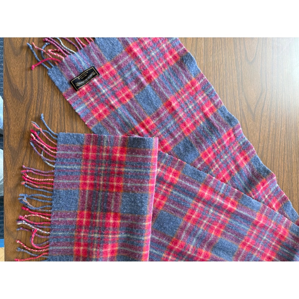 James Pringle Weavers Wool Scarf Blue Red Plaid Tartan Made in Scotland Fringe